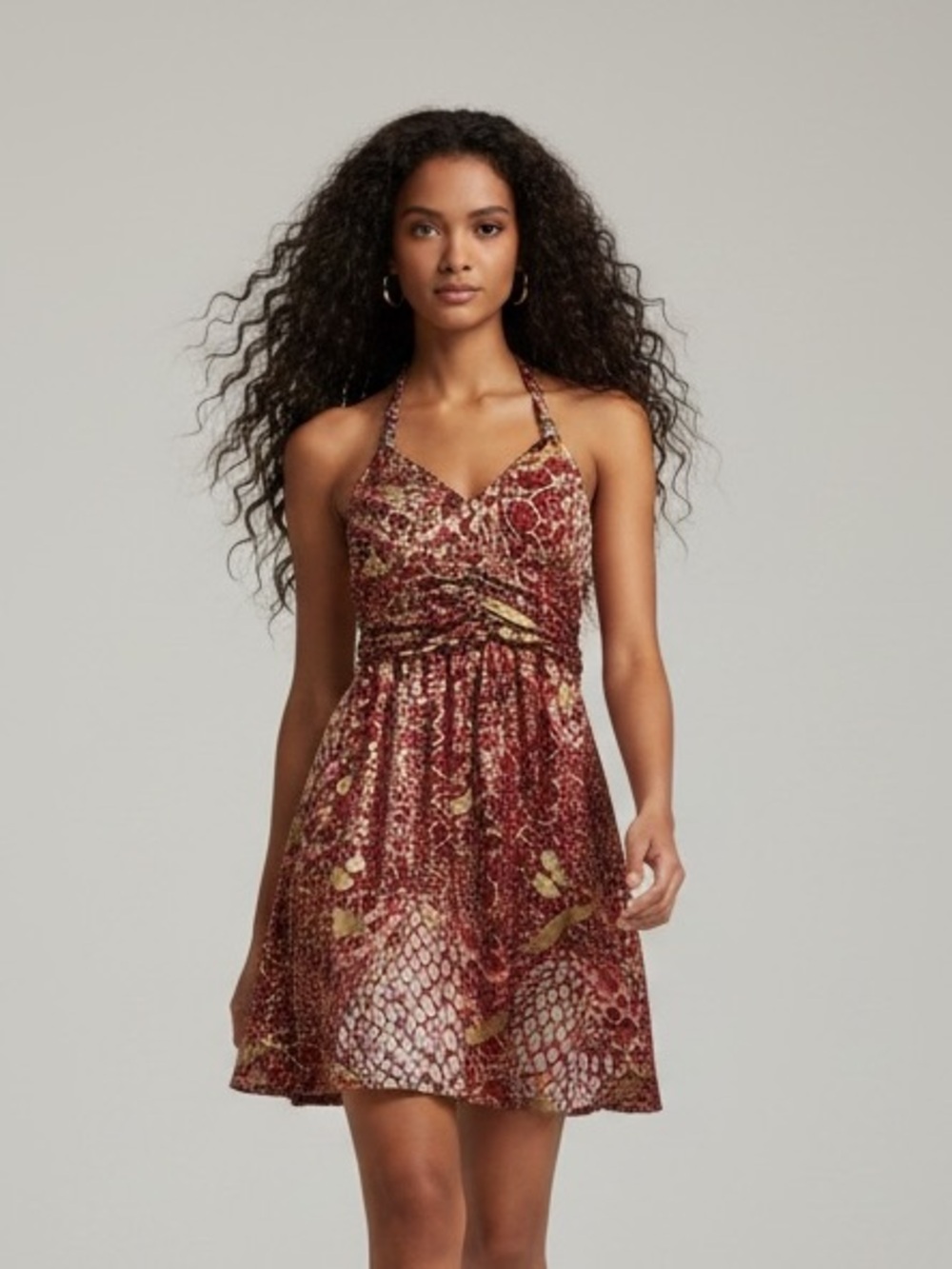 Majora Animal Print Halter Mini Dress Red Gold Size L